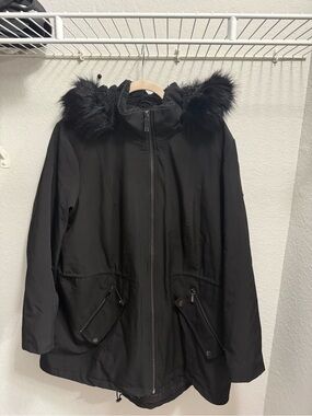 DKNY Black Women's Faux-Fur Hood Parka Jacket - 2XL